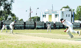 Players in action at the Ist Inter-College Cricket Tournament organised by Uttarakhand Technical University at Survey Grounds in Dehradun on Saturday.