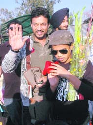 Irrfan Khan along with his son Babil at the Chandigarh airport on Saturday. 