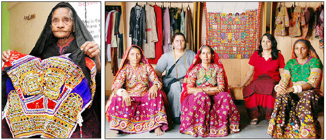 92-year-old Hansibaben (left) and other artisans of SEWA (right) display their designs