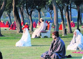 Swami Vishwas at a meditation camp at Atal Park in Karnal