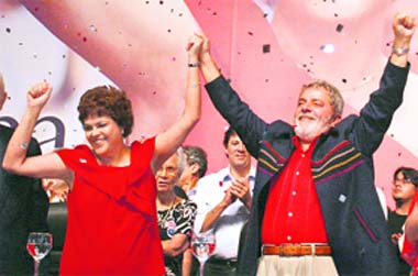 Brazil's President Luiz Inacio Lula da Silva (right) and his chief of staff Dilma Rousseff raise their arms during the launch ceremony of her presidential candidacy by the ruling Worker's Party in Brasilia on Saturday.
