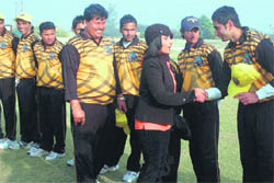 Actor Divya Dutt being introduced to a team during a recently played match of the T-10 Gully Cricket in Sirsa