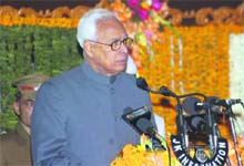 Governor NN Vohra addresses the joint sitting of the state legislature on the opening day of the Assembly session in Jammu on Monday.