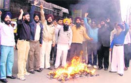 Effigy of Taliban being burnt near Clock Tower chowk in Ludhiana on Monday.