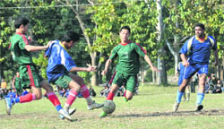 A match in progress at the Narayan Gurung Memorial Football Tournament in Dehradun 