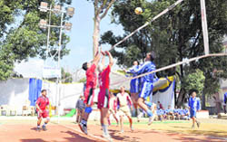 A match in progress at the Civil Services State-Level Volleyball Tournament in Dehradun