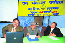Barkot Man Singh, Work Planning Officer, Upper Yamuna Forest Division, addresses the gathering along with Ram Gopal, DFO, Mussoorie,