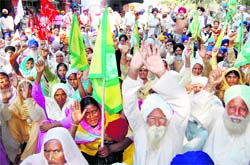 Activists of farmers organisations stage a protest at the office of the Deputy Commissioner in Amritsar on Wednesday. A Tribune photograph 