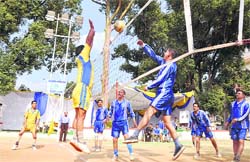 A match of the Civil Service State-Level Volleyball Tournament in progress in Dehradun on Thursday. 