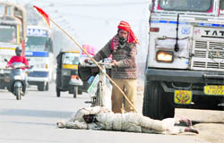 Brajesh Kumar rolls as he passes through Ludhiana. Tribune photo: Himanshu Mahajan