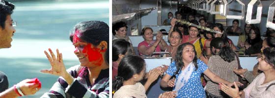 Students celebrate Holi in New Delhi on Friday. (Right) Train passengers celebrate Holi two days ahead of the festival in Faridabad.