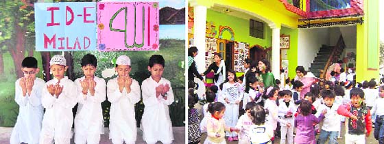 Students of Delhi Public School offer prayers as part of Id-ul-Milad-un Nabi celebrations and tiny tots of the Poly Kids school celebrate Holi with teachers.