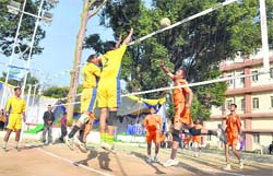 The final match in progress at the Civil Services Volleyball Tournament in Dehradun on Friday. 