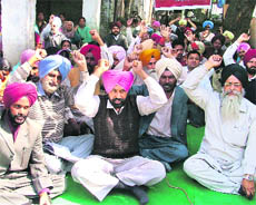 Paramedical and Health Workers Sangharsh Committee members stage a dharna in front of the DCs office in Ludhiana on Friday.