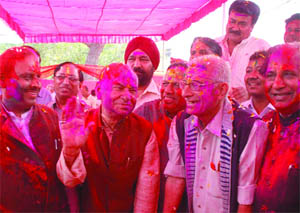 Leaders of the Bharatiya Janata Party, including Madan Lal Khurana and O.P. Kohli, celebrate the festival of colours at the party office in New Delhi on Saturday.