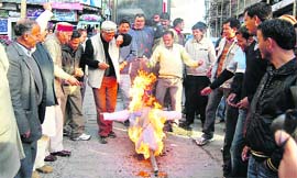 BJP workers burn an effigy of the Central government in Mussoorie on Saturday.