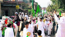 Devotees take out a procession on the occasion of the Id-e-Milad-un-Nabi (Prophet Mohammeds birth anniversary) in Jammu on Saturday