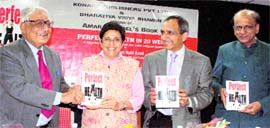 HK Dua, Editor-in-Chief of The Tribune, former IPS officer Dr Kiran Bedi and Dr KK Aggarwal at the release of The Tribune Associate Editor Amar Chandels book Perfect Health in 20 Weeks in New Delhi on Saturday