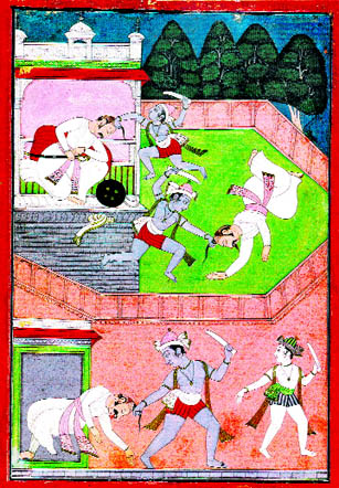 Krishna kills the evil king Kansa. Ascribed to Laharu of Chamba. Folio from the Bhagavata Purana. c.1750-75. Bhuri Singh Museum, Chamba