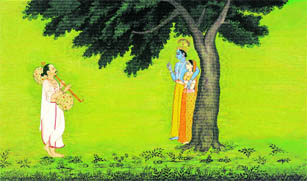 Jayadevas vision of Radha and Krishna. Ascribed to a master of the first generation after Nainsukh. Folio from the Gita Govinda series. c. 1775-80. The Kronos Collection. New York