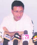 Haryana PWD and Public Health Minister Randeep Singh Surjewala addresses a press conference in Kaithal