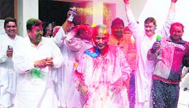 Holi being celebrated in the local Old-Age Home in Jammu on Sunday.