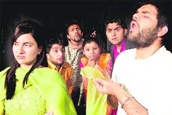 A scene from a play, Bemaar, directed by Sumeet Sharma, which was staged at Natrangs Sunday Theatre in Jammu on Sunday.