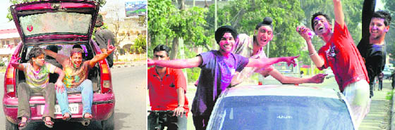 Youths violate traffic rules during Holi at Panchkula and Mohali on Monday.