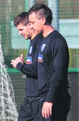 Englands John Terry (R) and Steven Gerrard during a training session in London on Tuesday.