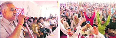 Bal Krishan Pappi, president, Rehri-Farri Union, addresses a rally; and (right) thousands of members of the union protest against the callous attitude of the MC, at Daresi Grounds in Ludhiana 