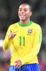 Brazils Robinho celebrates his goal aginst Ireland on Tuesday.