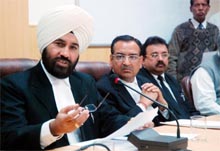 Kuldip Singh, district and sessions judge, Bathinda along with other judges, interacts with media on Thursday.