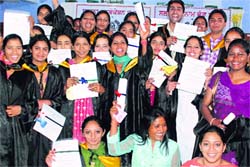 Students of Government College, Dera Bassi, in a jubilant mood after receiving degrees during a convocation function on Thursday