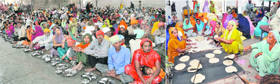 (Right) Women prepare chapattis for a langar at Guru Ram Rai Darbar Sahib on the eve of the annual Jhanda Mela in Dehradun on Thursday; and (left) devotees wait for langar prasad.
