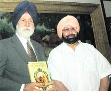 Marshal of the Indian Air Force Arjan Singh with Capt Amarinder Singh at the book release function.