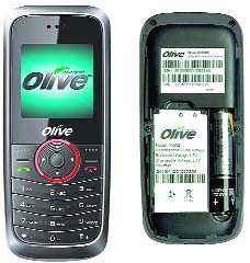 This combination of undated handout pictures released on Friday by Olive Communications shows a front (L) and rear (R) view of their cellular phone which is powered by a single "AAA" sized battery. The company has launched a low-cost handset that uses commonly available AAA-sized batteries aimed at the hundreds of millions who live in areas where power supplies are erratic. Priced at Rs 1,699, Olive Telecommunications' "FrvrOn" has a rechargeable lithium-ion battery common to mobile phones, but also a facility to include a AAA, dry-cell battery