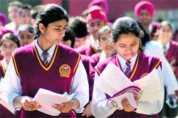 Students of Class X after their first CBSE board examination in Chandigarh on Friday