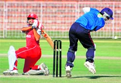 A batsman plays a shot during a practice match between Kings XI Punjab A and B teams at Cricket Stadium, Sector 16, Chandigarh, on Frida