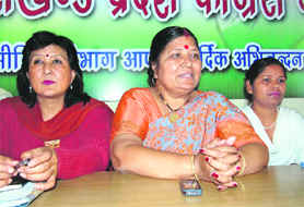 Sarojini Kantura, newly appointed president of the Uttarakhand Mahila Congress (right) addresses the media in Dehradun on Thursday.