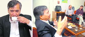 MLA Mohammed Yousuf Tarigami in conversation with members of The Tribune team in Jammu.