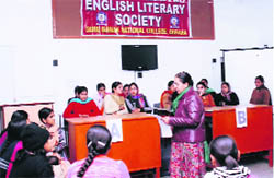 Teams participate in a literary quiz organised by the English Literary Society of Guru Nanak National College Doraha 