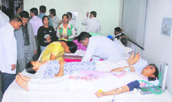 Students donate blood at a camp organised by the Salam Zindagi Foundation in Ludhiana
