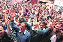 Members of the J&K PHE Employees Association hold a protest in support of their demands in Jammu on Saturday. 