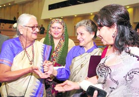Actress Sharmila Tagore with other participants at the Womens Leadership Summit 2010 on Inclusive Growth and Empowering Women of Rural India at Vigyan Bhavan in New Delhi on Saturday
