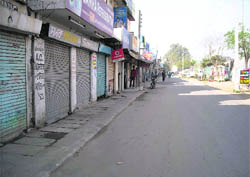 A bazaar in Phagwara presents a deserted look following a call for a bandh 