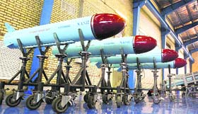 Nasr-1 cruise missiles on display at a ceremony to inaugurate its production line at an undisclosed location in Iran on Sunday. The short-range missile is capable of destroying targets of 3,000 tonnes. 