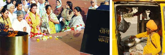 (Left) Wife of PM Manmohan Singh, Gursharan Kaur, minister Krishna Tirath and war widows pay tributes at the Amar Jawan Jyoti in India Gate on the occasion of International Womens Day on Monday. Tribune photo. (Right) A handicapped woman cooks for her family in Gurgaon. Tribune photos: Sayeed Ahmed