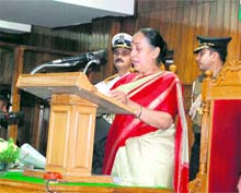 Uttarakhand Governor Margaret Alva addresses the budget session of the assembly in Dehradun on Monday
