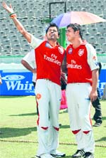 Kings XIs Sreesanth and Reetinder Sodhi (R) at the PCA Stadium in Mohali on Tuesday.