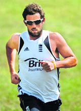 Englands Liam Plunkett jogs along the side line as England plays a three-day warm up match against Bangladeshs A team in Chittagong on Tuesday.